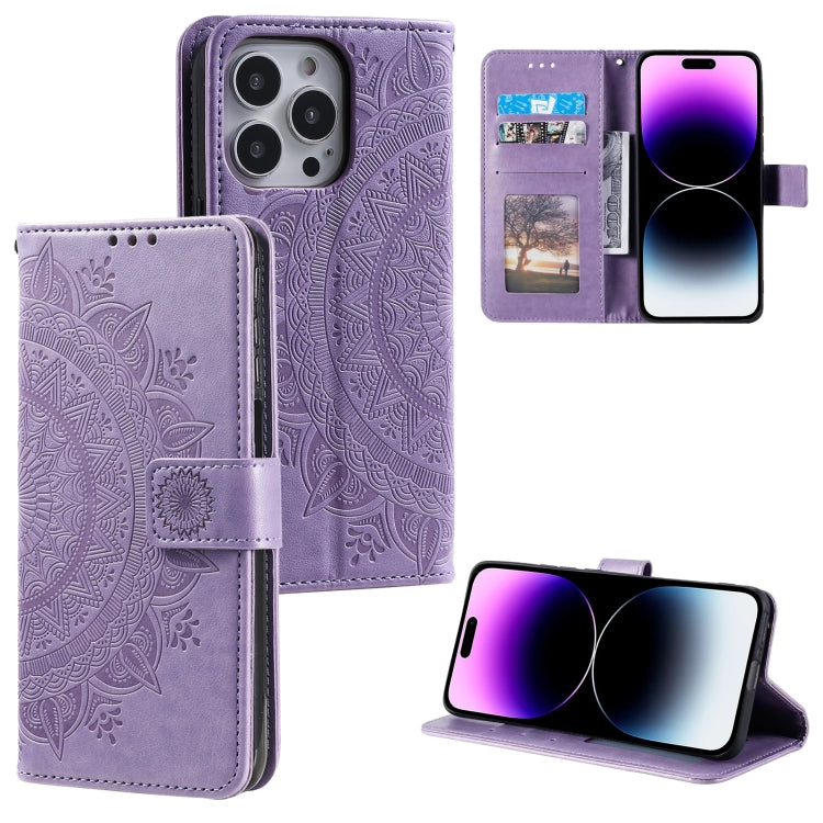 For iPhone 16 Pro Max Totem Flower Embossed Leather Phone Case(Purple) - iPhone 16 Pro Max Cases by PMC TechLife | Online Shopping South Africa | PMC TechLife | Buy Now Pay Later Mobicred