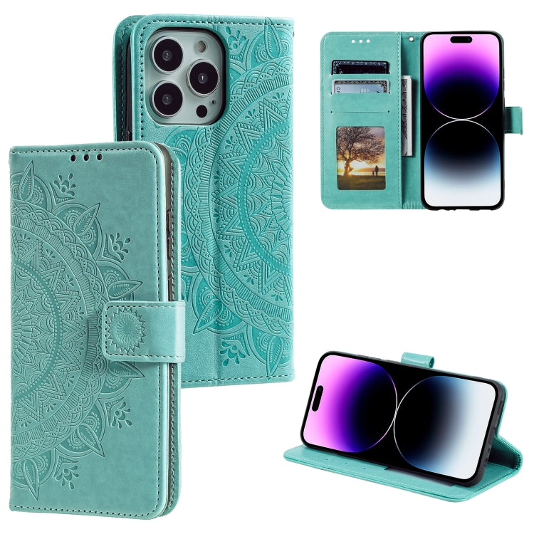 For iPhone 16 Pro Totem Flower Embossed Leather Phone Case(Green) - iPhone 16 Pro Cases by PMC TechLife | Online Shopping South Africa | PMC TechLife | Buy Now Pay Later Mobicred
