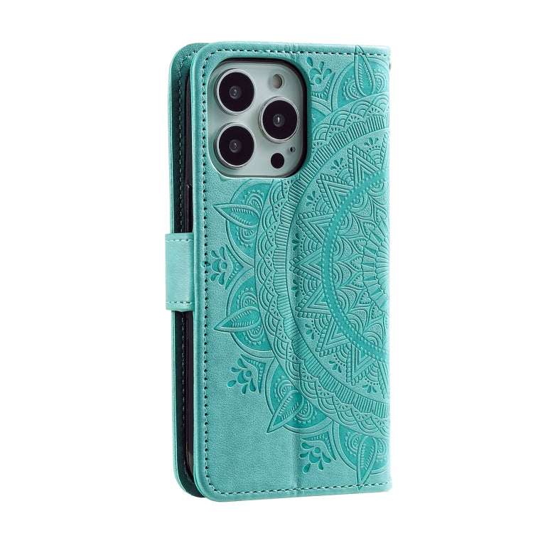 For iPhone 16 Pro Totem Flower Embossed Leather Phone Case(Green) - iPhone 16 Pro Cases by PMC TechLife | Online Shopping South Africa | PMC TechLife | Buy Now Pay Later Mobicred