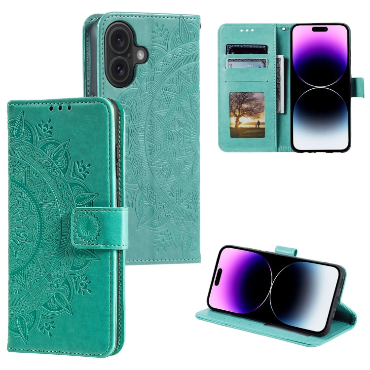 For iPhone 16 Plus Totem Flower Embossed Leather Phone Case(Green) - iPhone 16 Plus Cases by PMC TechLife | Online Shopping South Africa | PMC TechLife | Buy Now Pay Later Mobicred