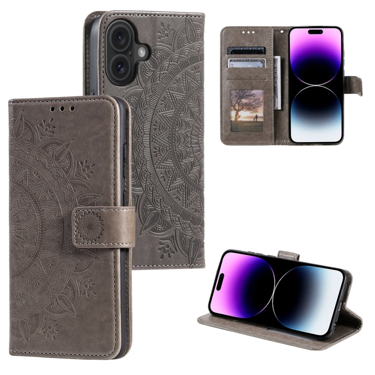 For iPhone 16 Plus Totem Flower Embossed Leather Phone Case(Grey) - iPhone 16 Plus Cases by PMC TechLife | Online Shopping South Africa | PMC TechLife | Buy Now Pay Later Mobicred
