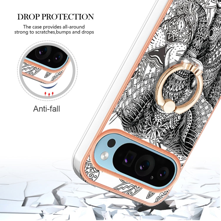 For Google Pixel 9 Pro XL Electroplating Dual-side IMD Phone Case with Ring Holder(Totem Elephant) - Google Cases by PMC TechLife | Online Shopping South Africa | PMC TechLife | Buy Now Pay Later Mobicred