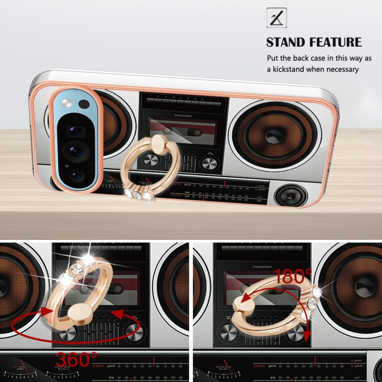 For Google Pixel 9 Pro XL Electroplating Dual-side IMD Phone Case with Ring Holder(Retro Radio) - Google Cases by PMC TechLife | Online Shopping South Africa | PMC TechLife | Buy Now Pay Later Mobicred