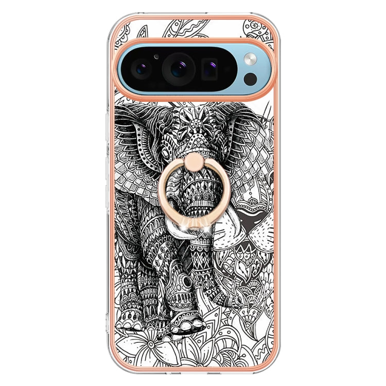 For Google Pixel 9 / 9 Pro Electroplating Dual-side IMD Phone Case with Ring Holder(Totem Elephant) - Google Cases by PMC TechLife | Online Shopping South Africa | PMC TechLife | Buy Now Pay Later Mobicred