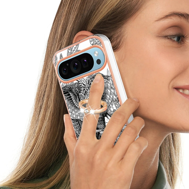 For Google Pixel 9 / 9 Pro Electroplating Dual-side IMD Phone Case with Ring Holder(Totem Elephant) - Google Cases by PMC TechLife | Online Shopping South Africa | PMC TechLife | Buy Now Pay Later Mobicred