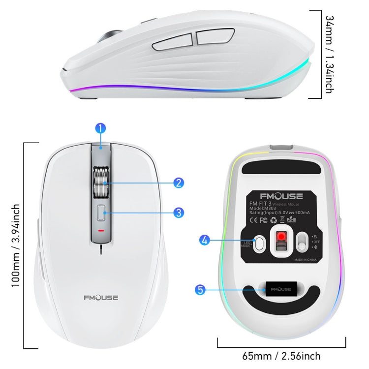 HXSJ M303 2400DPI Dual Mode 2.4GHz + Bluetooth 5.1 Wireless Mouse(White) - free shipping - PMC Jewellery - Order now!