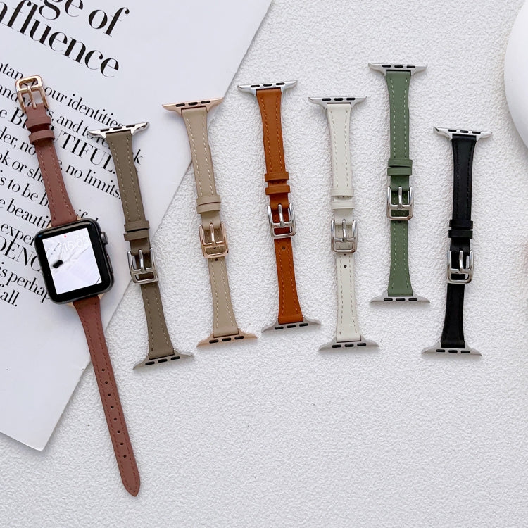For Apple Watch Ultra 49mm T-shaped Slim Genuine Leather Watch Band(Apricot) - Watch Bands by PMC TechLife | Online Shopping South Africa | PMC TechLife | Buy Now Pay Later Mobicred