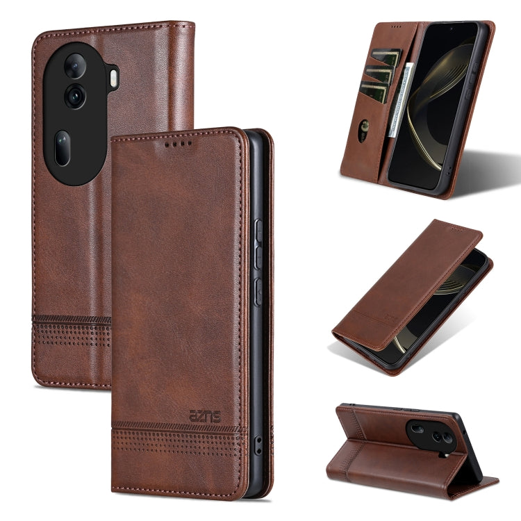 For OPPO Reno11 China AZNS Magnetic Calf Texture Flip Leather Phone Case(Dark Brown) - free shipping - PMC Jewellery - Order now!