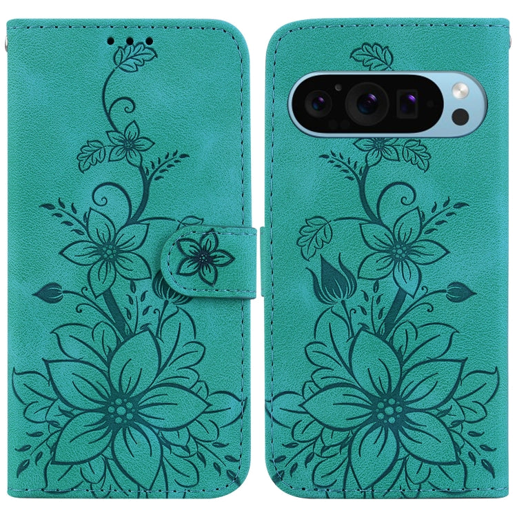 For Google Pixel 9 Lily Embossed Leather Phone Case(Green) - Google Cases by PMC TechLife | Online Shopping South Africa | PMC TechLife | Buy Now Pay Later Mobicred