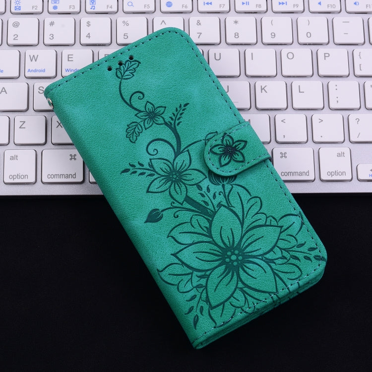 For iPhone 16 Lily Embossed Leather Phone Case(Green) - iPhone 16 Cases by PMC TechLife | Online Shopping South Africa | PMC TechLife | Buy Now Pay Later Mobicred