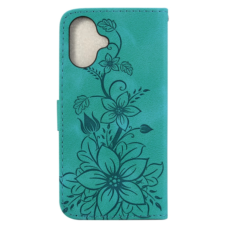 For iPhone 16 Lily Embossed Leather Phone Case(Green) - iPhone 16 Cases by PMC TechLife | Online Shopping South Africa | PMC TechLife | Buy Now Pay Later Mobicred