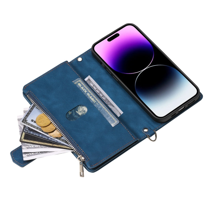 For iPhone 16 Pro Max Grid Texture Zipper Leather Phone Case with Lanyard(Blue) - iPhone 16 Pro Max Cases by PMC TechLife | Online Shopping South Africa | PMC TechLife | Buy Now Pay Later Mobicred