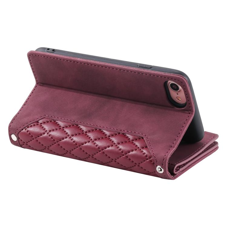 For iPhone 16e Grid Texture Zipper Leather Phone Case with Lanyard(Wine Red) - iPhone 16e Cases by PMC TechLife | Online Shopping South Africa | PMC TechLife | Buy Now Pay Later Mobicred