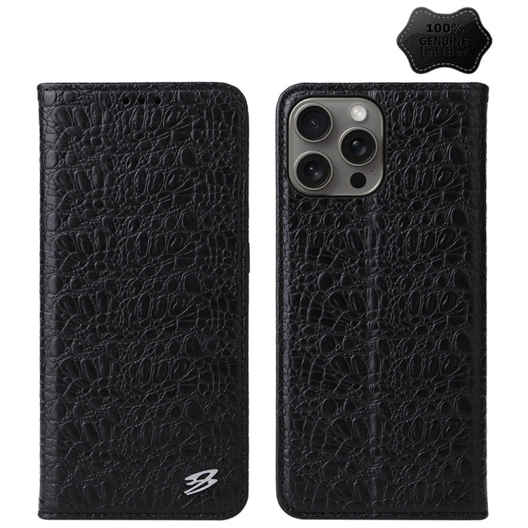 For iPhone 16 Pro Fierre Shann Crocodile Texture Magnetic Genuine Leather Phone Case(Black) - free shipping - PMC Jewellery - Order now!