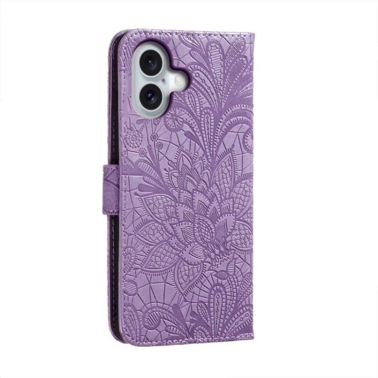 For iPhone 16 Lace Flower Embossing Flip Leather Phone Case(Purple) - free shipping - PMC TechLife - Order now!