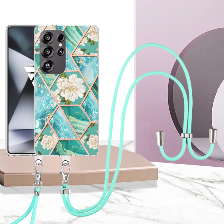 For Samsung Galaxy S25 Ultra 5G Electroplating Splicing Marble Flower IMD TPU Phone Case with Lanyard(Blue Flower) - Galaxy S25 Ultra 5G Cases by PMC Jewellery | Online Shopping South Africa | PMC Jewellery | Buy Now Pay Later Mobicred