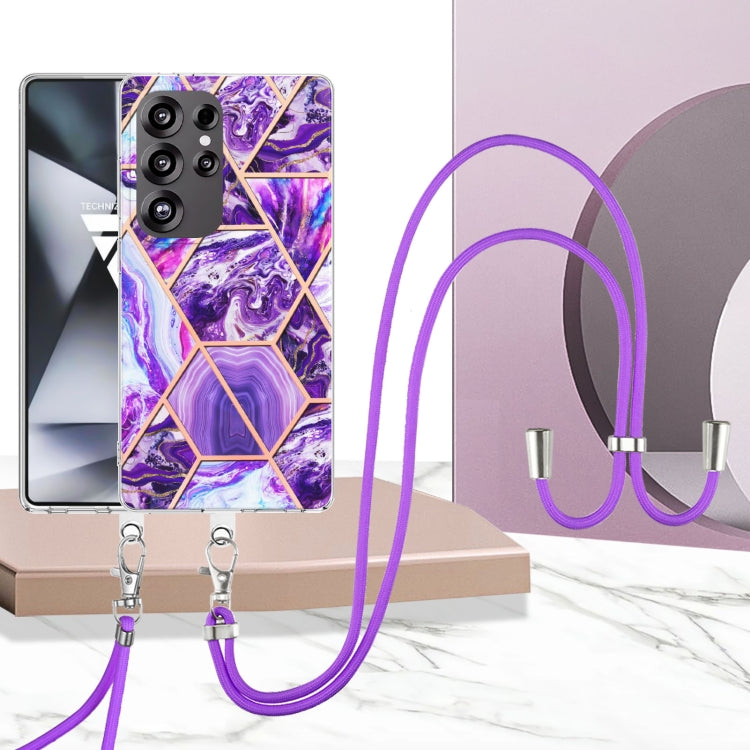 For Samsung Galaxy S25 Ultra 5G Electroplating IMD Splicing Dual-side Marble TPU Phone Case with Lanyard(Dark Purple) - Galaxy S25 Ultra 5G Cases by PMC TechLife | Online Shopping South Africa | PMC TechLife | Buy Now Pay Later Mobicred