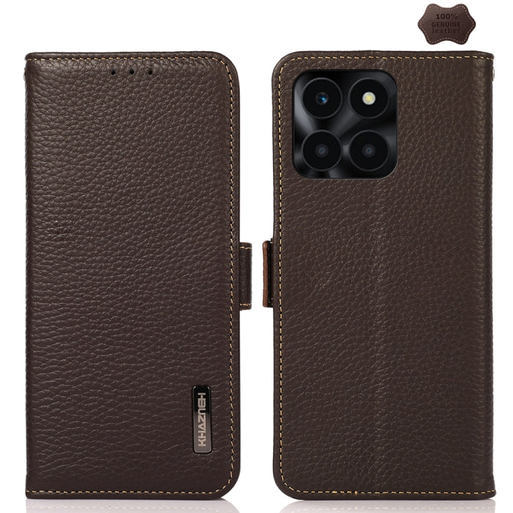 For Honor X6A KHAZNEH Side-Magnetic Litchi Genuine Leather RFID Phone Case(Brown) - Honor Cases by PMC TechLife | Online Shopping South Africa | PMC TechLife | Buy Now Pay Later Mobicred