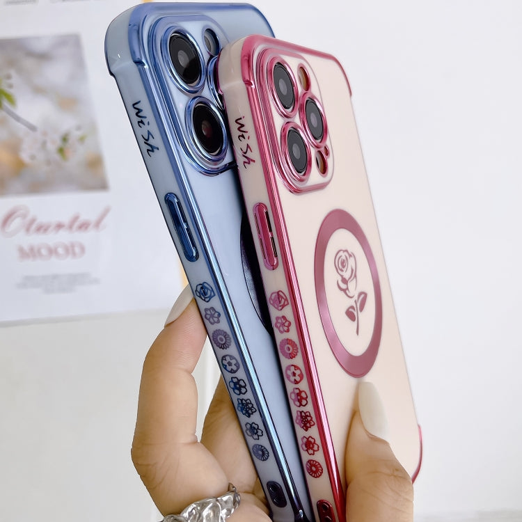 For iPhone 15 Pro Electroplate Side Roses Flower MagSafe Phone Case(Blue) - iPhone 15 Pro Cases by PMC TechLife | Online Shopping South Africa | PMC TechLife