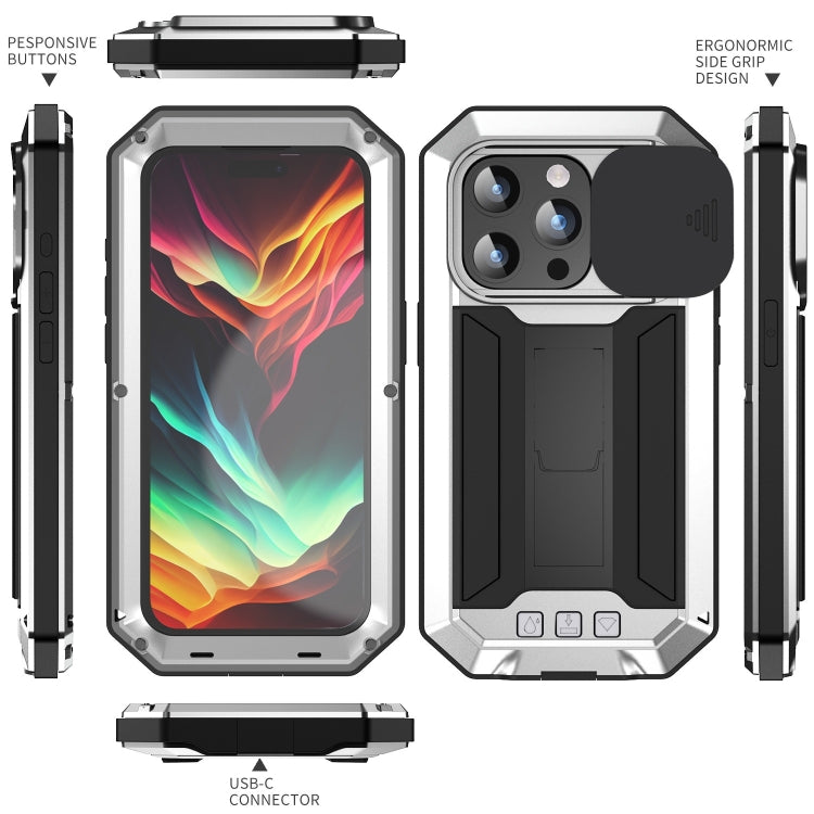 For iPhone 15 Pro Max R-JUST Sliding Camera IP54 Life Waterproof Holder Phone Case(Silver) - free shipping - PMC TechLife - Order now!