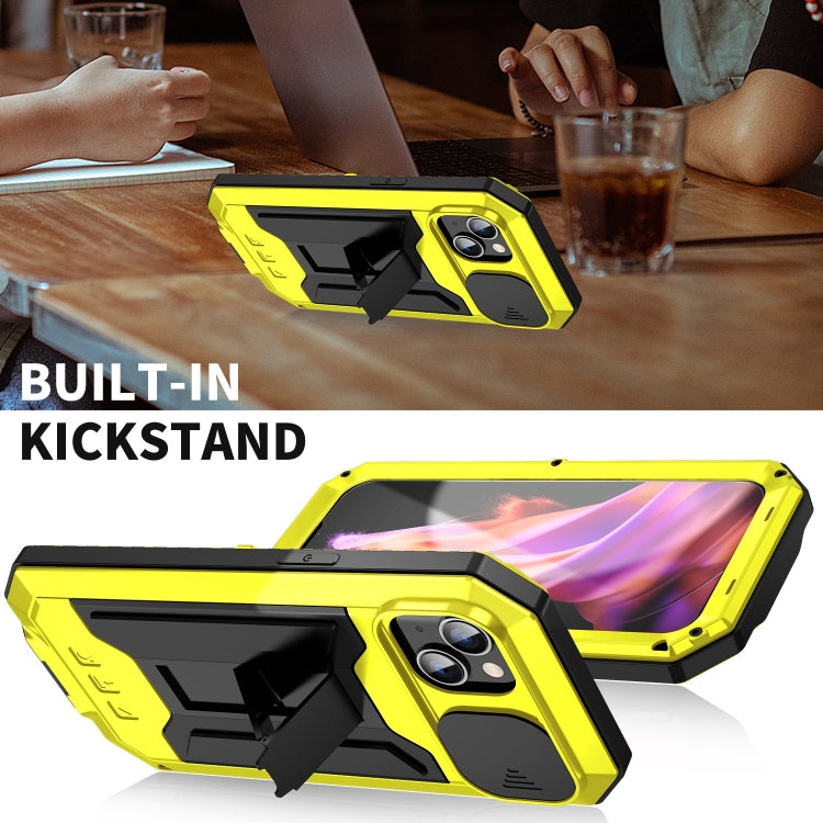 For iPhone 15 Plus R-JUST Sliding Camera IP54 Life Waterproof Holder Phone Case(Yellow) - iPhone 15 Plus Cases by R-JUST | Online Shopping South Africa | PMC TechLife | Buy Now Pay Later Mobicred