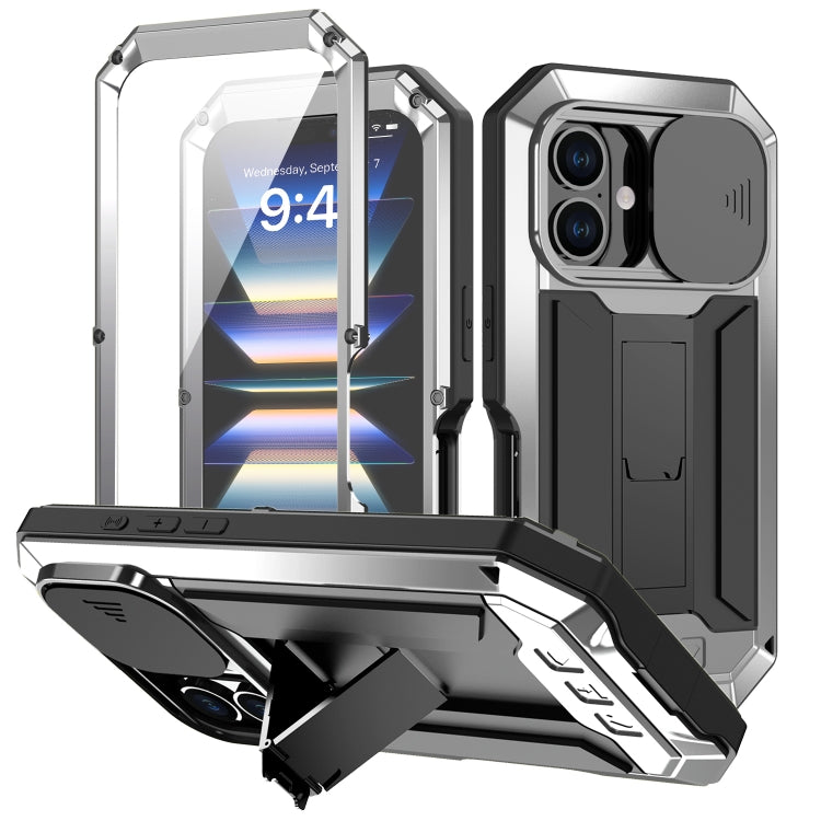 For iPhone 16 Plus R-JUST Sliding Camera IP54 Life Waterproof Holder Phone Case(Silver) - free shipping - PMC Jewellery - Order now!