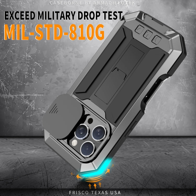 For iPhone 16 Pro R-JUST Sliding Camera IP54 Life Waterproof Holder Phone Case(Black) - free shipping - PMC Jewellery - Order now!