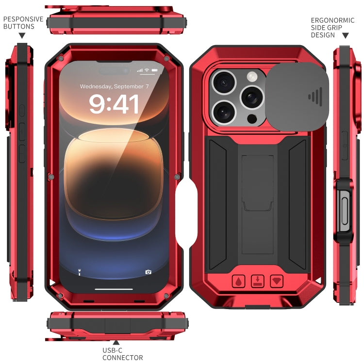 For iPhone 16 Pro R-JUST Sliding Camera IP54 Life Waterproof Holder Phone Case(Red) - free shipping - PMC Jewellery - Order now!