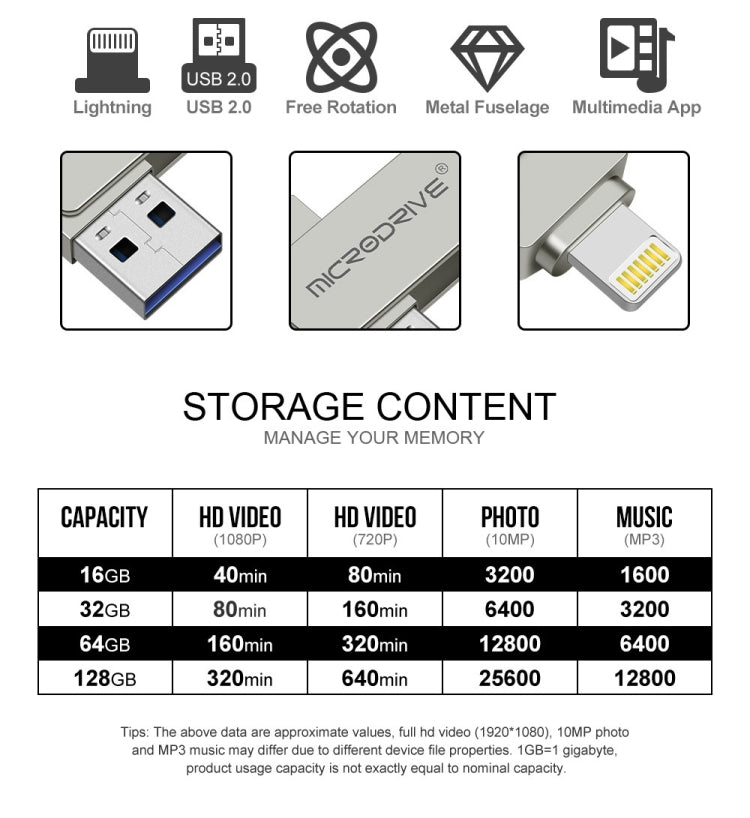 MicroDrive 2 In 1  8 Pin + USB 2.0 Portable Metal USB Flash Disk, Capacity:64GB(Silver) - free shipping - PMC Jewellery - Order now!