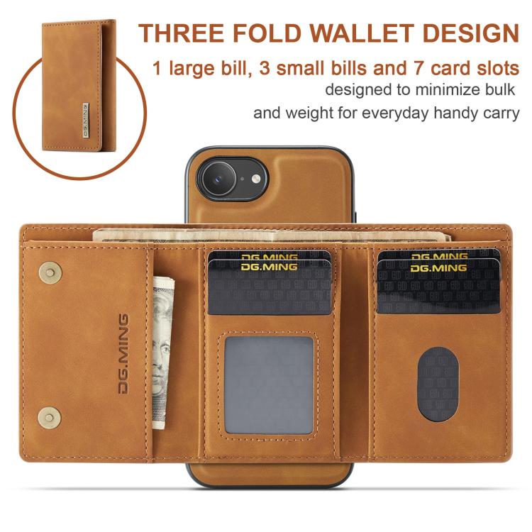 For iPhone 16e DG.MING M1 Series 3-Fold Multi Card Wallet Leather Phone Case(Brown) - free shipping - PMc TechLife - Order now!