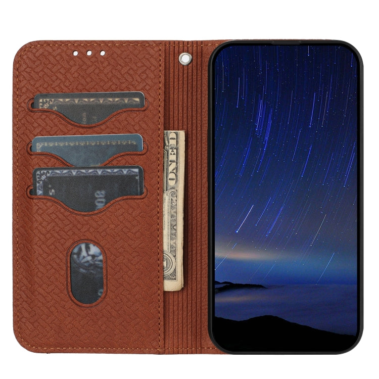 For iPhone 16e Woven Texture Stitching Magnetic Leather Phone Case(Brown) - iPhone 16e Cases by PMC TechLife | Online Shopping South Africa | PMC TechLife | Buy Now Pay Later Mobicred