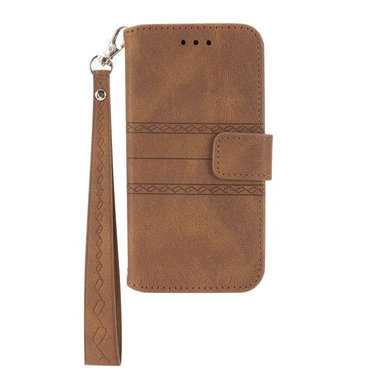 For iPhone 16e Embossed Stripes Skin Feel Leather Phone Case(Brown) - free shipping - PMC TechLife - Order now!