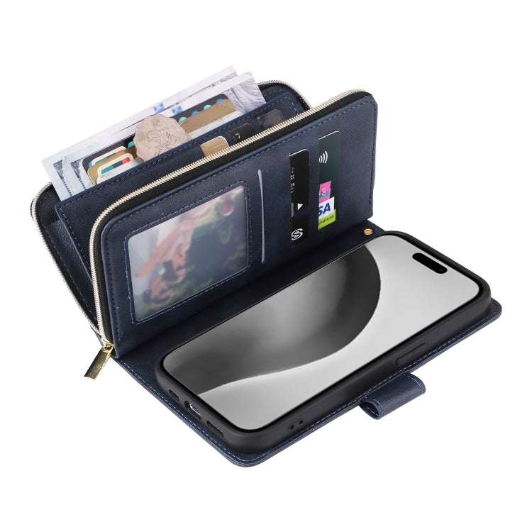 For iPhone 16 Pro Max 9 Card Slots Zipper Wallet Bag Leather Phone Case(Blue) - iPhone 16 Pro Max Cases by PMC TechLife | Online Shopping South Africa | PMC TechLife | Buy Now Pay Later Mobicred