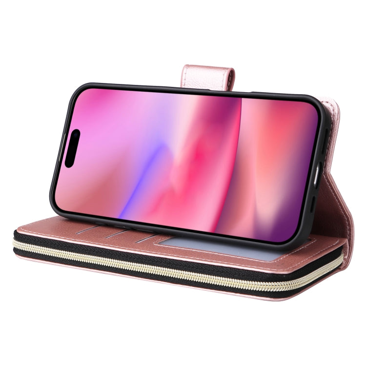 For iPhone 16 9 Card Slots Zipper Wallet Bag Leather Phone Case(Rose Gold) - free shipping - PMC Jewellery - Order now!