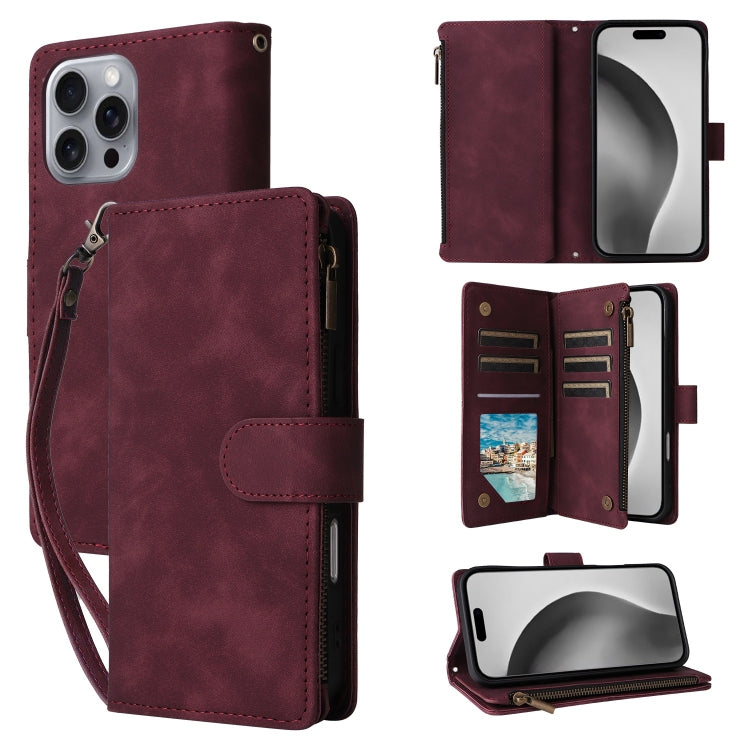 For iPhone 16 Pro Max Crossbody Multi-card Slot Wallet Zipper Leather Phone Case(Wine Red) - iPhone 16 Pro Max Cases by PMC TechLife | Online Shopping South Africa | PMC TechLife | Buy Now Pay Later Mobicred