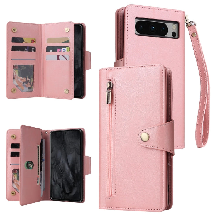 For Google Pixel 8 Pro Rivet Buckle 9 Cards Three Fold Leather Phone Case(Rose Gold) - Google Cases by PMC TechLife | Online Shopping South Africa | PMC TechLife | Buy Now Pay Later Mobicred