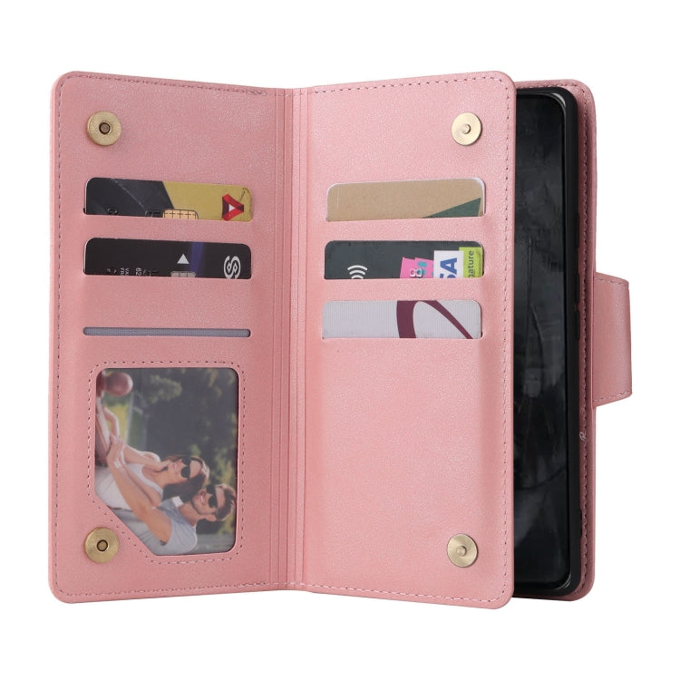 For Google Pixel 8 Pro Rivet Buckle 9 Cards Three Fold Leather Phone Case(Rose Gold) - Google Cases by PMC TechLife | Online Shopping South Africa | PMC TechLife | Buy Now Pay Later Mobicred
