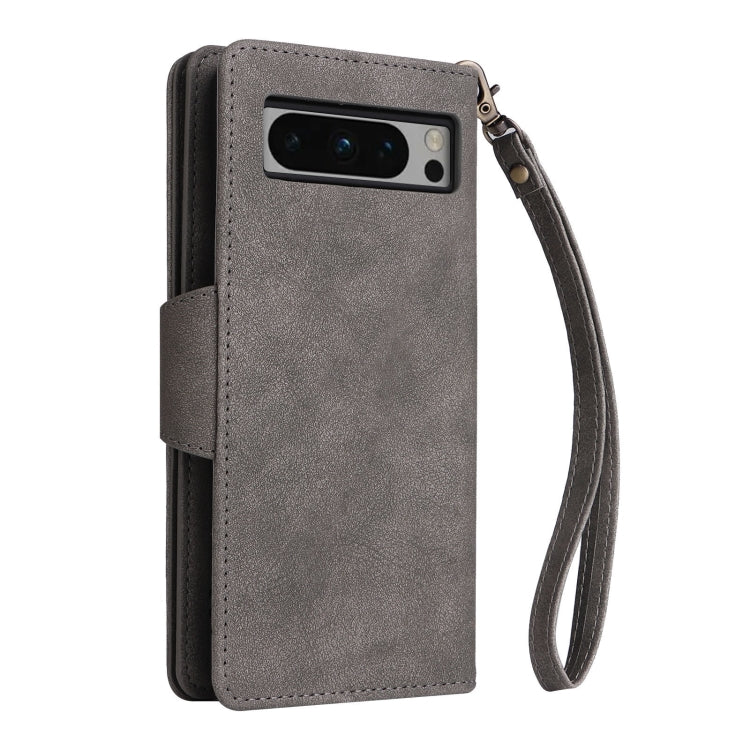 For Google Pixel 8 Pro Rivet Buckle 9 Cards Three Fold Leather Phone Case(Grey) - Google Cases by PMC TechLife | Online Shopping South Africa | PMC TechLife | Buy Now Pay Later Mobicred