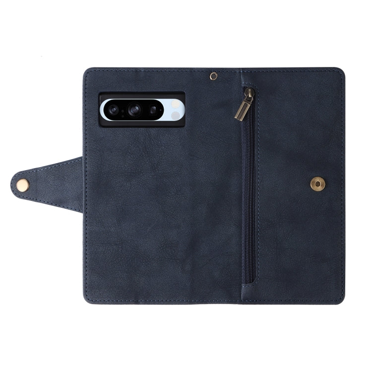 For Google Pixel 8a Rivet Buckle 9 Cards Three Fold Leather Phone Case(Blue) - Google Cases by PMC TechLife | Online Shopping South Africa | PMC TechLife | Buy Now Pay Later Mobicred