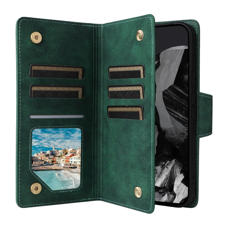 For Google Pixel 9 Pro Rivet Buckle 9 Cards Three Fold Leather Phone Case(Green) - Google Cases by PMC TechLife | Online Shopping South Africa | PMC TechLife | Buy Now Pay Later Mobicred