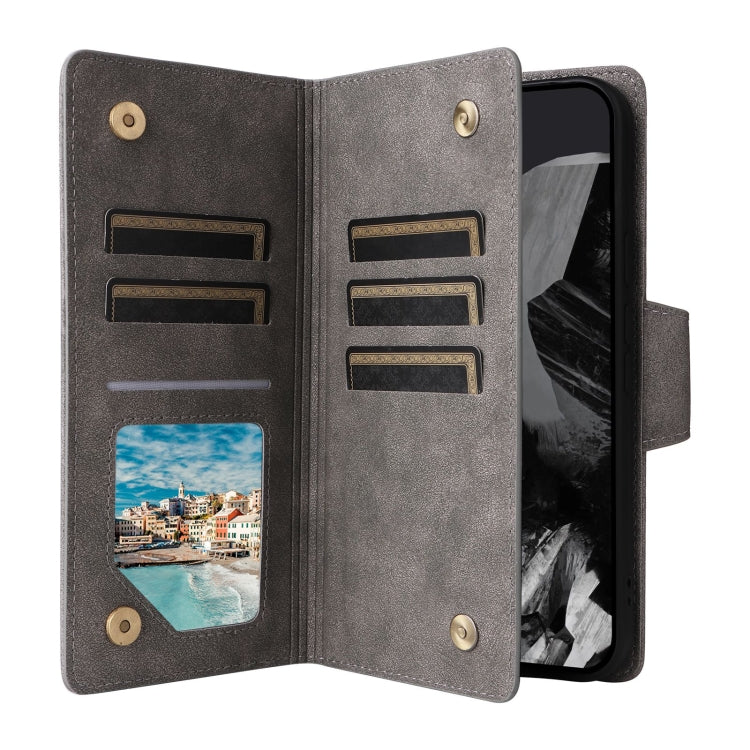 For Google Pixel 9 Pro Rivet Buckle 9 Cards Three Fold Leather Phone Case(Grey) - free shipping - PMC TechLife - Order now!