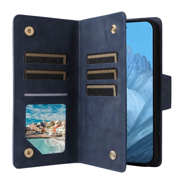 For Google Pixel 9 Rivet Buckle 9 Cards Three Fold Leather Phone Case(Blue) - Google Cases by PMC TechLife | Online Shopping South Africa | PMC TechLife | Buy Now Pay Later Mobicred