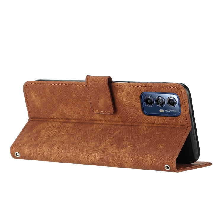 For Motorola Moto G Play 2024 Skin Feel Stripe Pattern Leather Phone Case with Lanyard(Brown) - free shipping - PMC Jewellery - Order now!