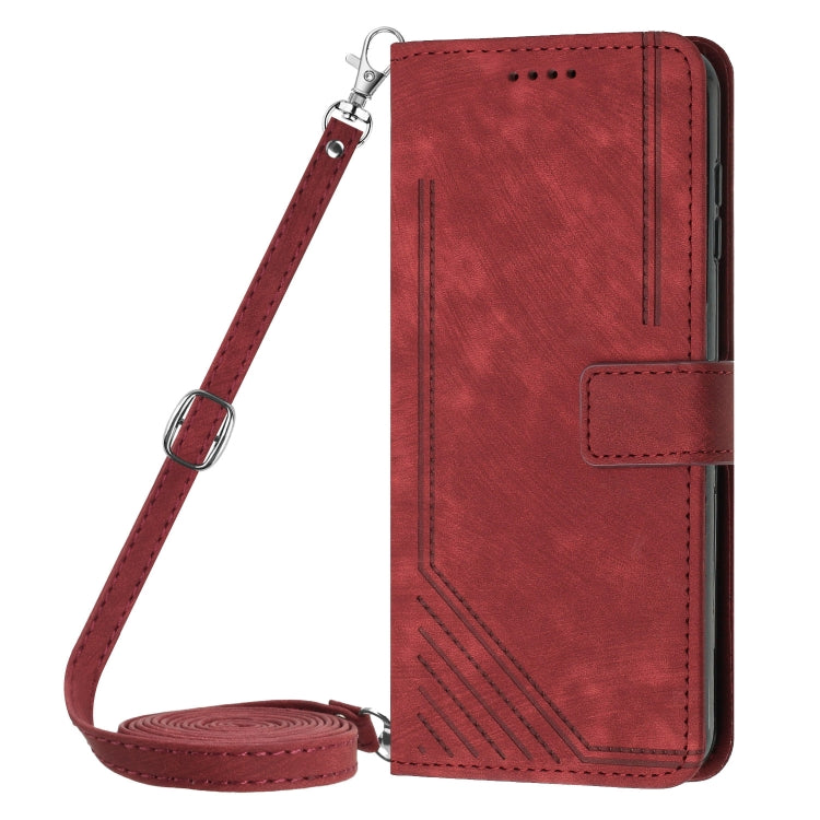 For Motorola Moto G Play 2024 Skin Feel Stripe Pattern Leather Phone Case with Lanyard(Red) - Motorola Cases by PMC Jewellery | Online Shopping South Africa | PMC Jewellery | Buy Now Pay Later Mobicred