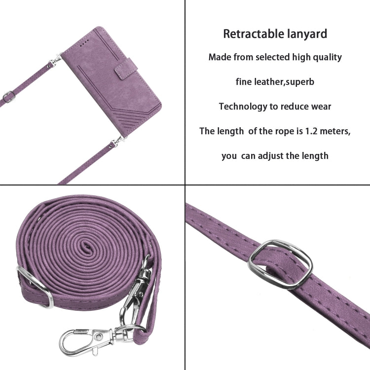 For Motorola Moto G Play 2024 Skin Feel Stripe Pattern Leather Phone Case with Lanyard(Purple) - Motorola Cases by PMC Jewellery | Online Shopping South Africa | PMC Jewellery | Buy Now Pay Later Mobicred