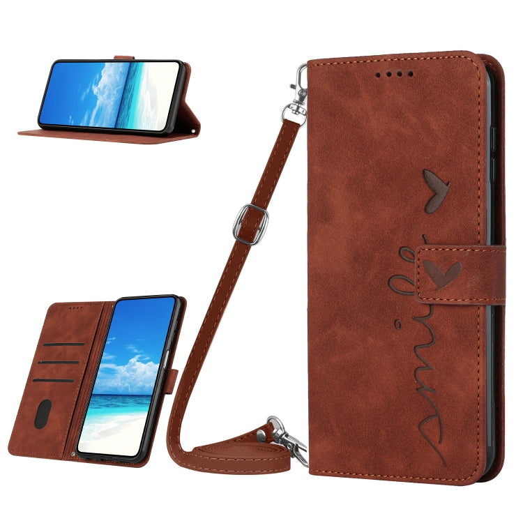 For OPPO A58 4G Skin Feel Heart Pattern Leather Phone Case with Lanyard(Brown) - OPPO Cases by PMC TechLife | Online Shopping South Africa | PMC TechLife | Buy Now Pay Later Mobicred