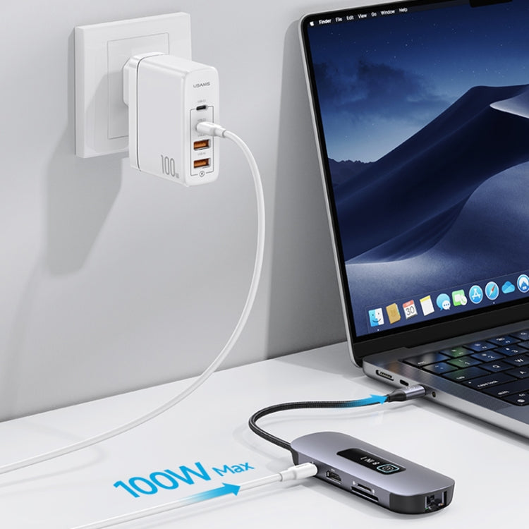 USAMS US-SJ643 PD100W 8 in 1 Aluminum Alloy Multifunctional Type-C HUB with Light(Metal Grey) - free shipping - PMC Jewellery - Order now!