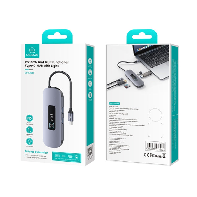 USAMS US-SJ643 PD100W 8 in 1 Aluminum Alloy Multifunctional Type-C HUB with Light(Metal Grey) - free shipping - PMC Jewellery - Order now!