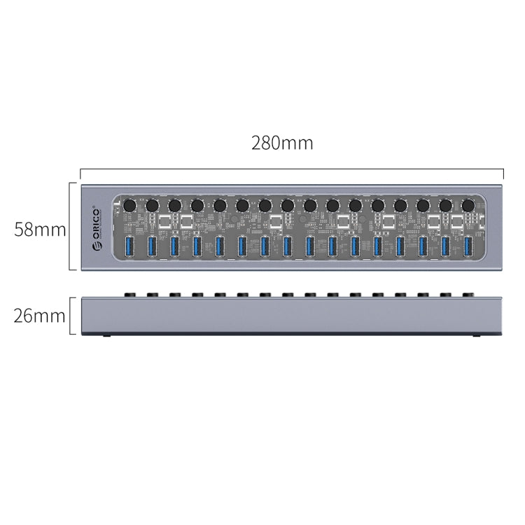 ORICO AT2U3-16AB-GY-BP 16 Ports USB 3.0 HUB with Individual Switches & Blue LED Indicator(EU Plug) - free shipping - PMC Jewellery - Order now!