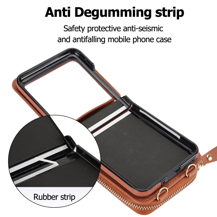 For Motorola Razr 40 Ultra Long and Short Lanyard Zipper Card Slot Foldable Phone Case(Brown) - Motorola Cases by PMC TechLife | Online Shopping South Africa | PMC TechLife | Buy Now Pay Later Mobicred